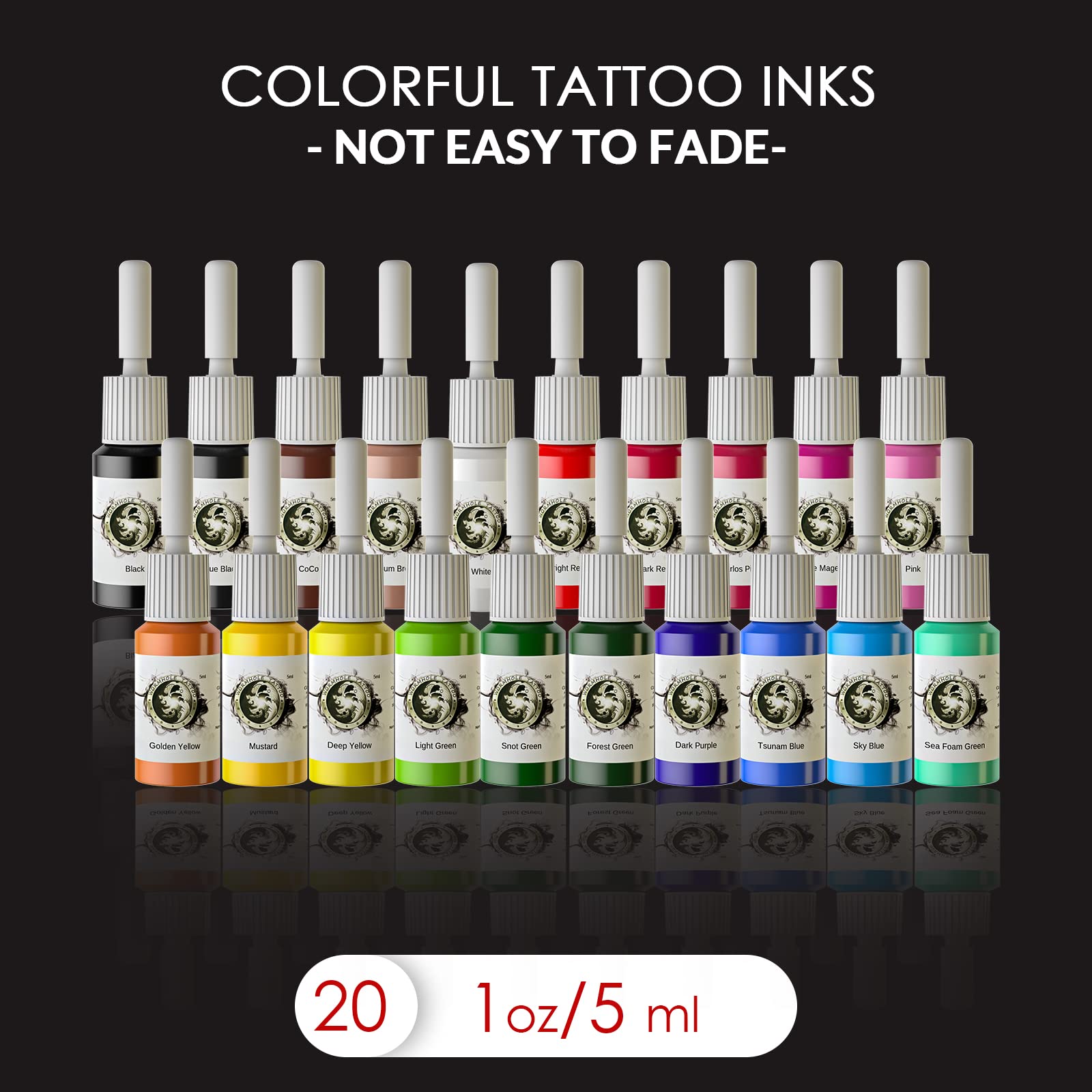 Wormhole Tattoo Kit 20-color-inks offers vibrant colors for diverse practice designs.