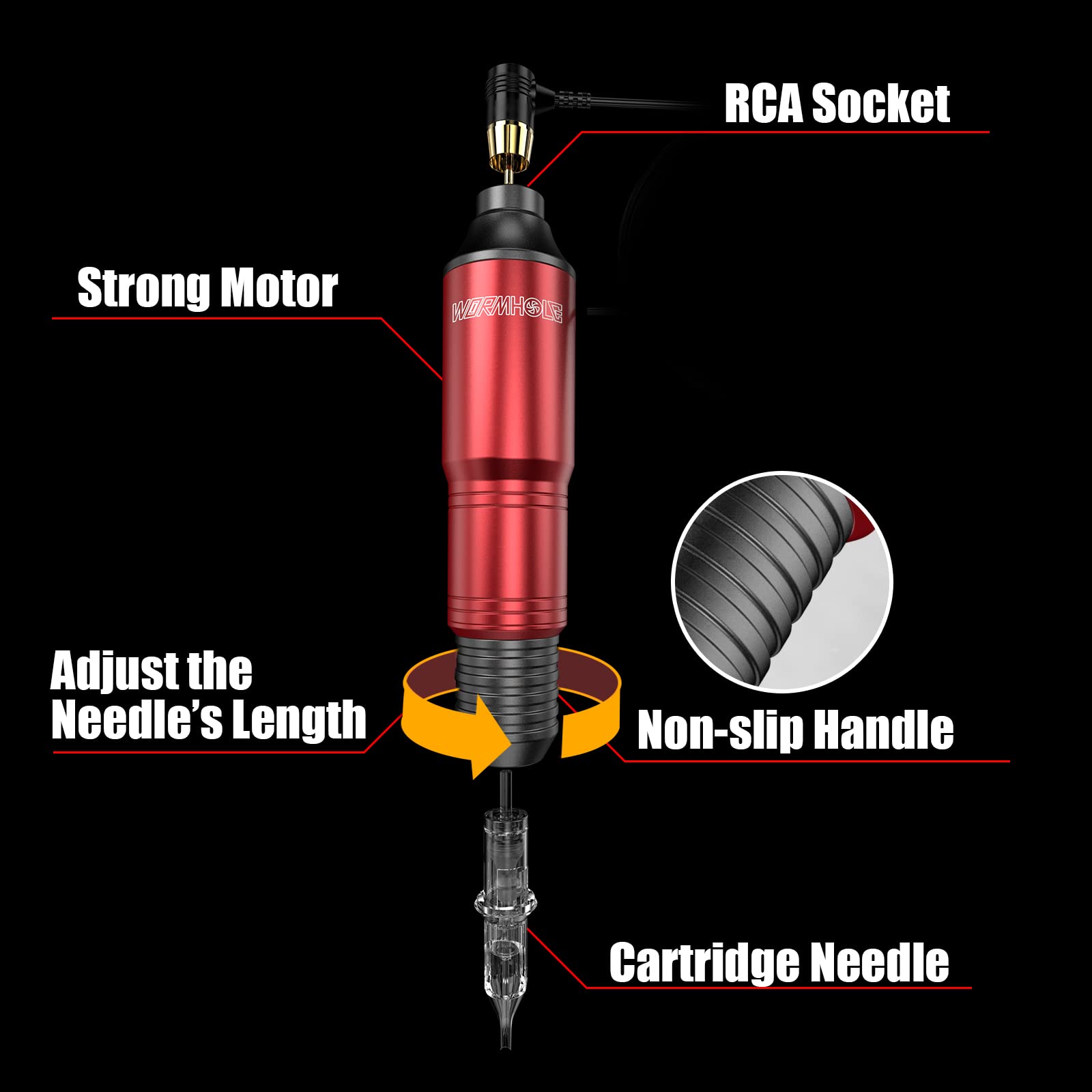 Wormhole Tattoo machine grip and adjustable needle depth for comfortable sessions