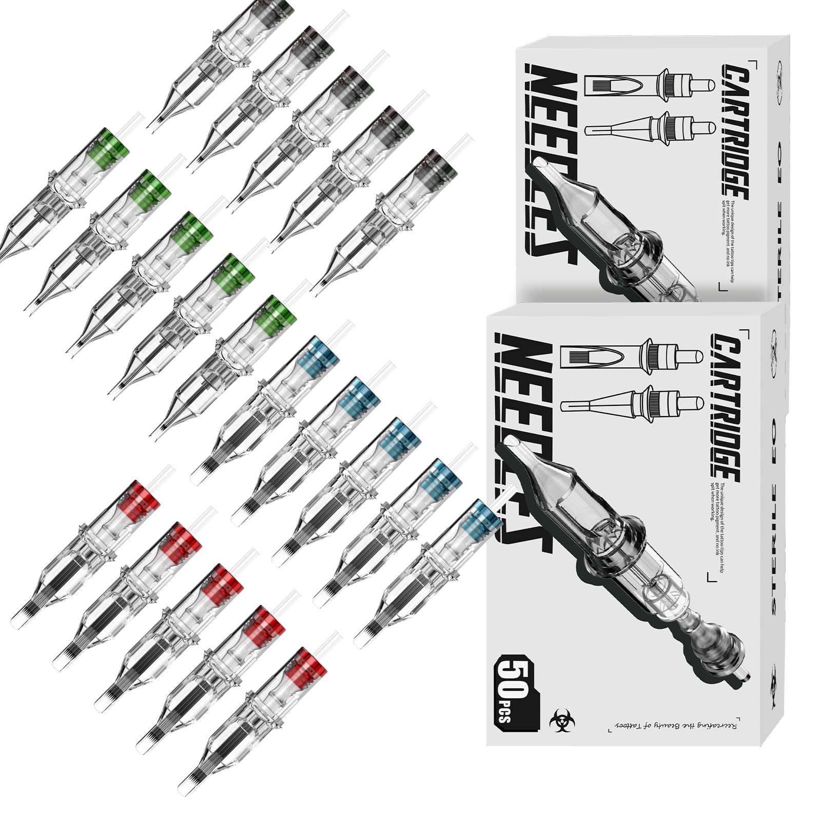 Wormhole Tattoo long taper 50pcs box visual — ready-to-use assortment for varied techniques.