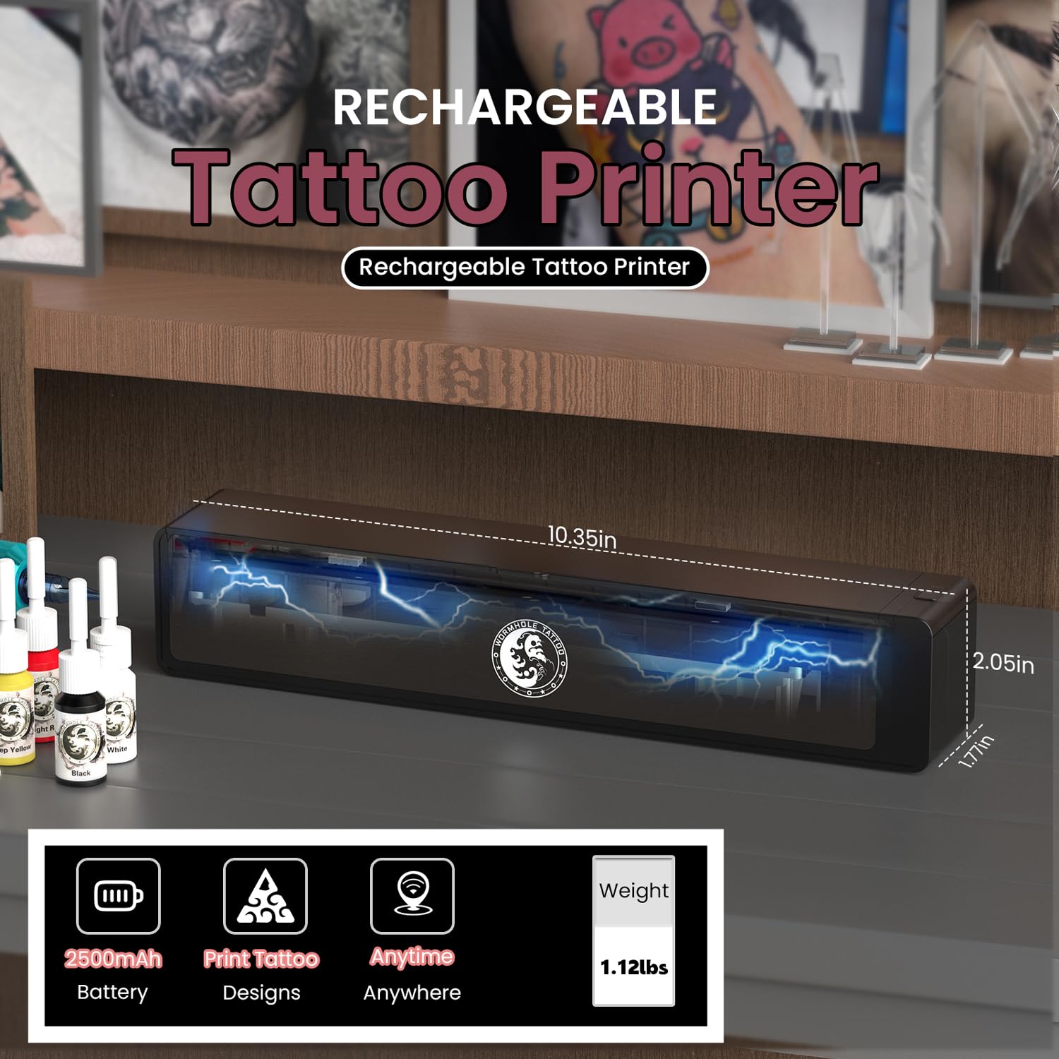 Wormhole Tattoo stencil printer app interface demonstrating image upload and sizing