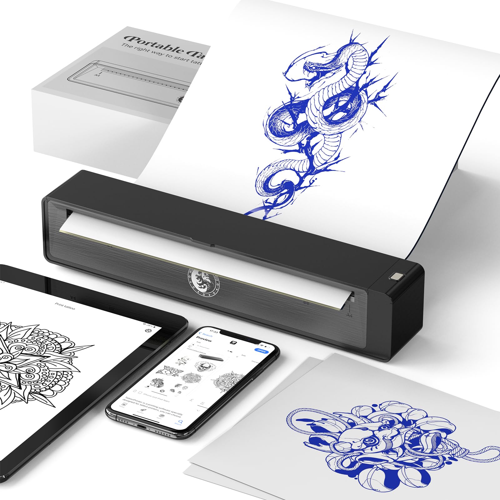 Wormhole Tattoo stencil printer front view showing compact portable design for studio or site use