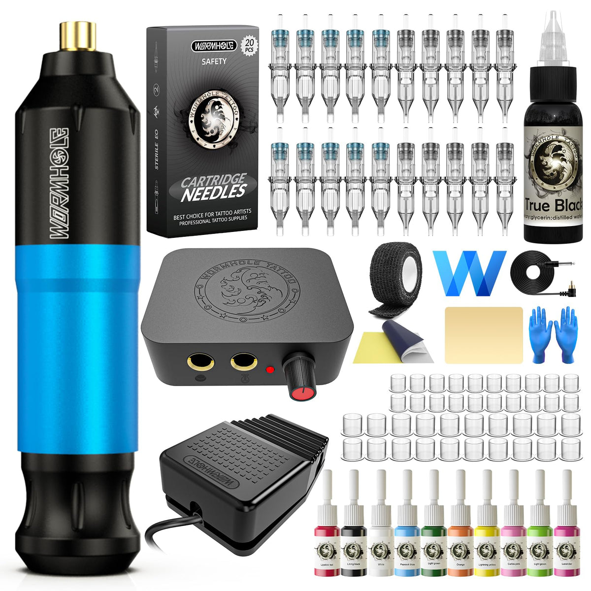 Wormhole Tattoo WTK093 blue front view shows portable beginner kit for home practice