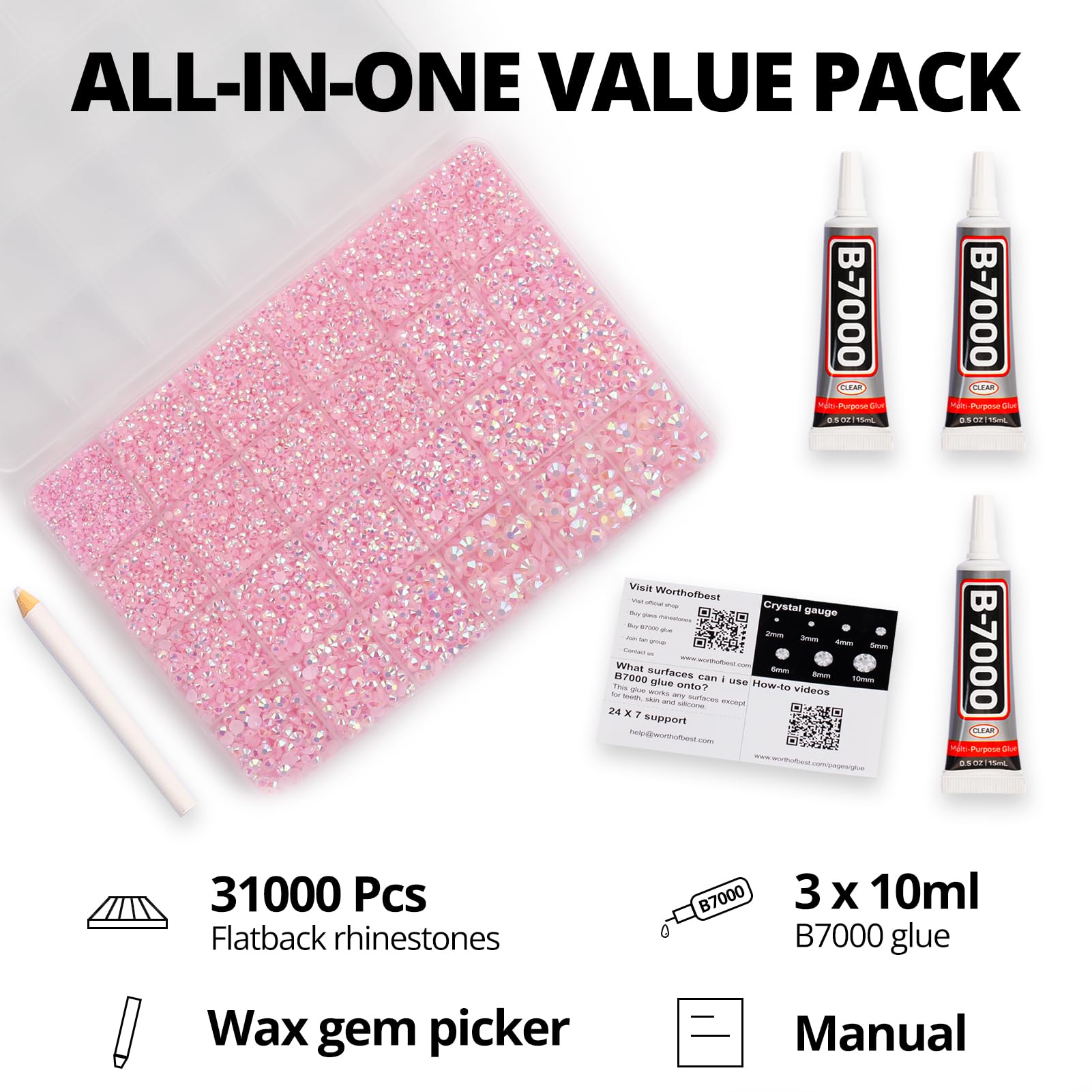 Worthofbest bedazzle set 24-grid tray keeps sizes organized for precise placement.