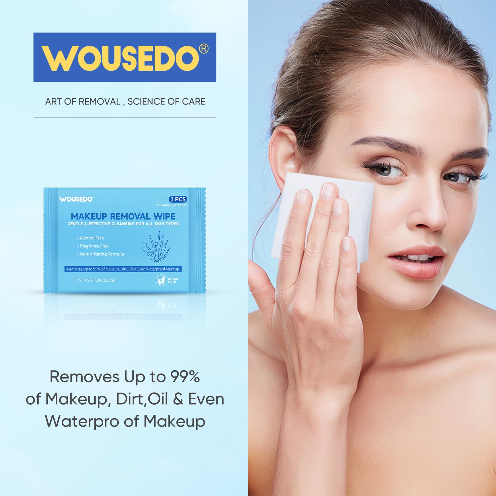 WOUSEDO makeup remover wipes alcohol-free formula for gentle cleansing without irritation.
