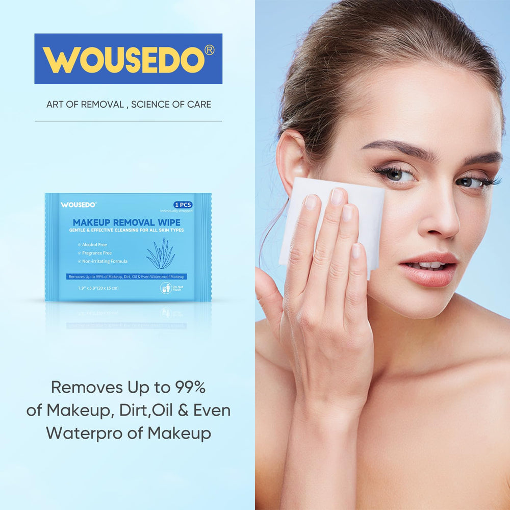 WOUSEDO makeup remover wipes alcohol-free formula for gentle cleansing without irritation.