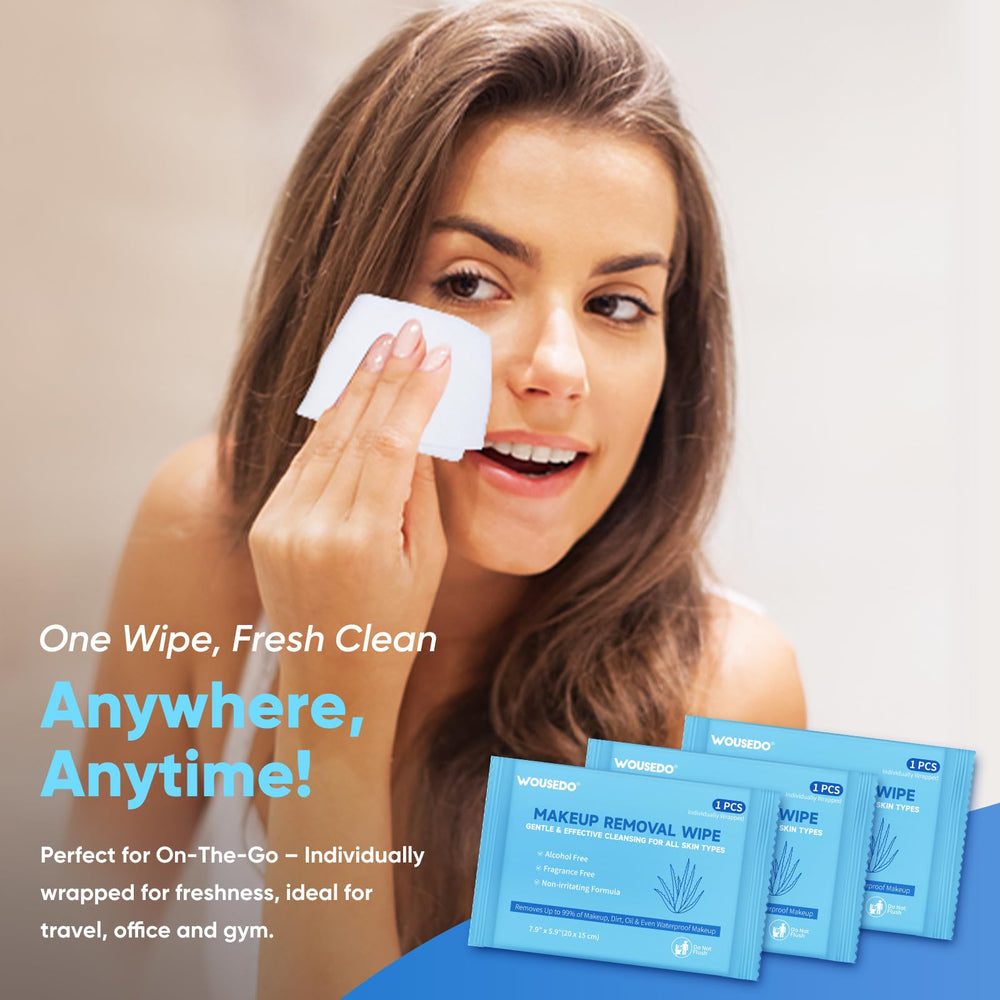 WOUSEDO makeup remover wipes aloe vera infused for soothing cleansing.