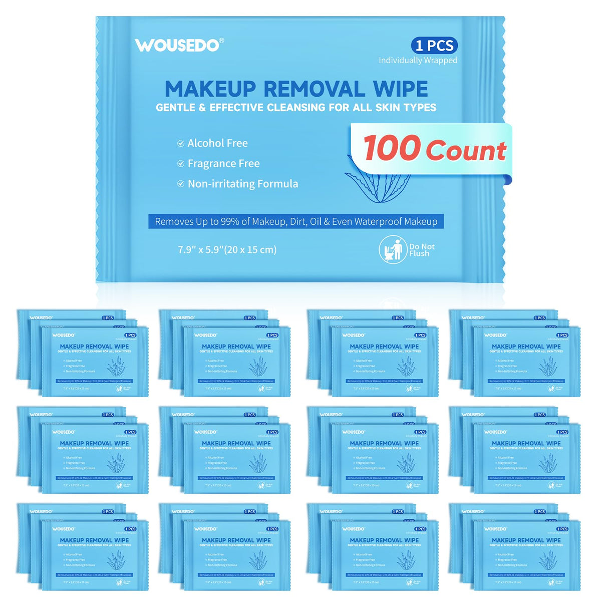 WOUSEDO makeup remover wipes, individually wrapped for hygiene and on-the-go cleansing.