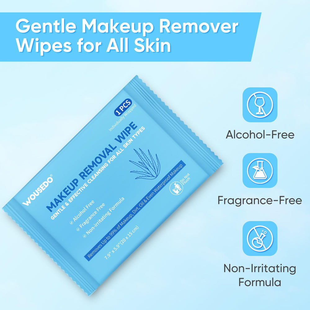 WOUSEDO makeup remover wipes travel-size pack for quick skin refresh anywhere.