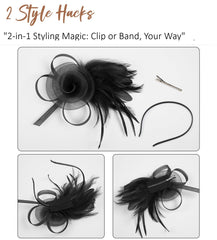 WOVOWOVO black fascinator headband side view offers secure, comfortable all-day wear.