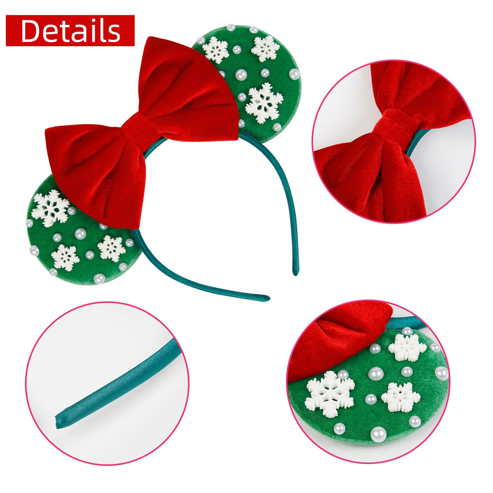 WOVOWOVO Christmas mouse ears headband with pearls and snowflakes for festive charm
