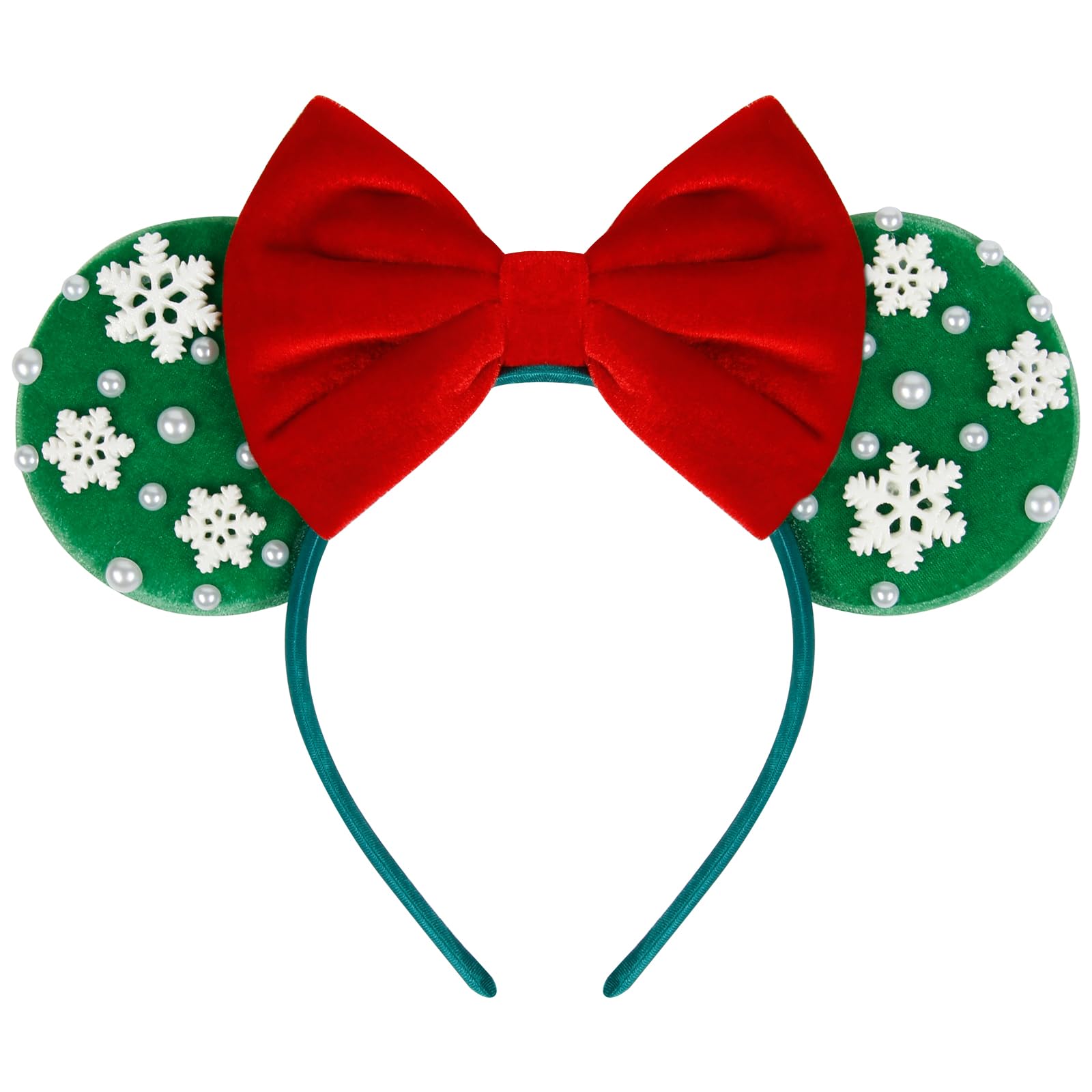 WOVOWOVO Christmas mouse ears headband with green velvet and pearls for festive style