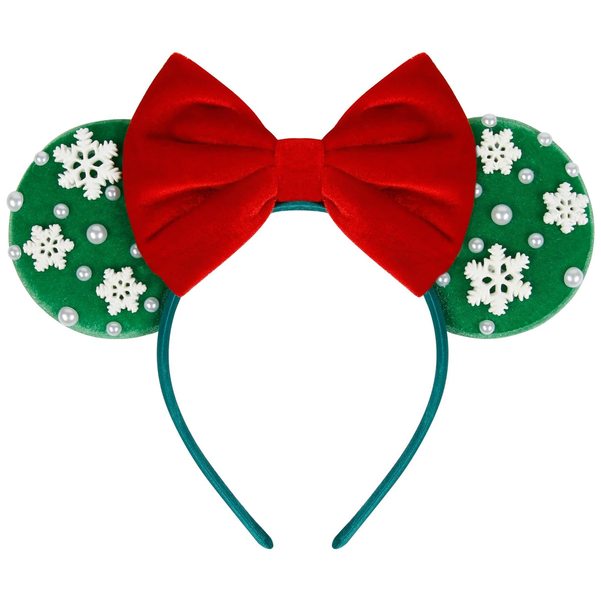 WOVOWOVO Christmas mouse ears headband with green velvet and pearls for festive style