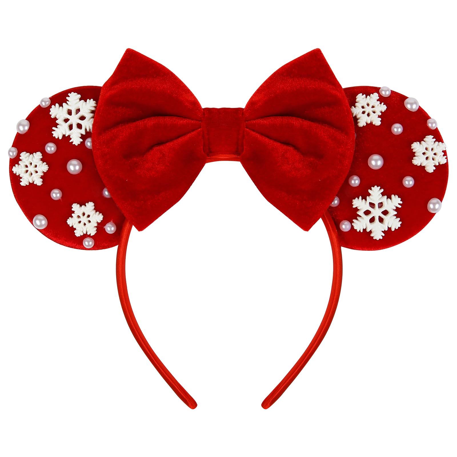 WOVOWOVO Christmas mouse ears headband with pearls and snowflakes for festive photos.