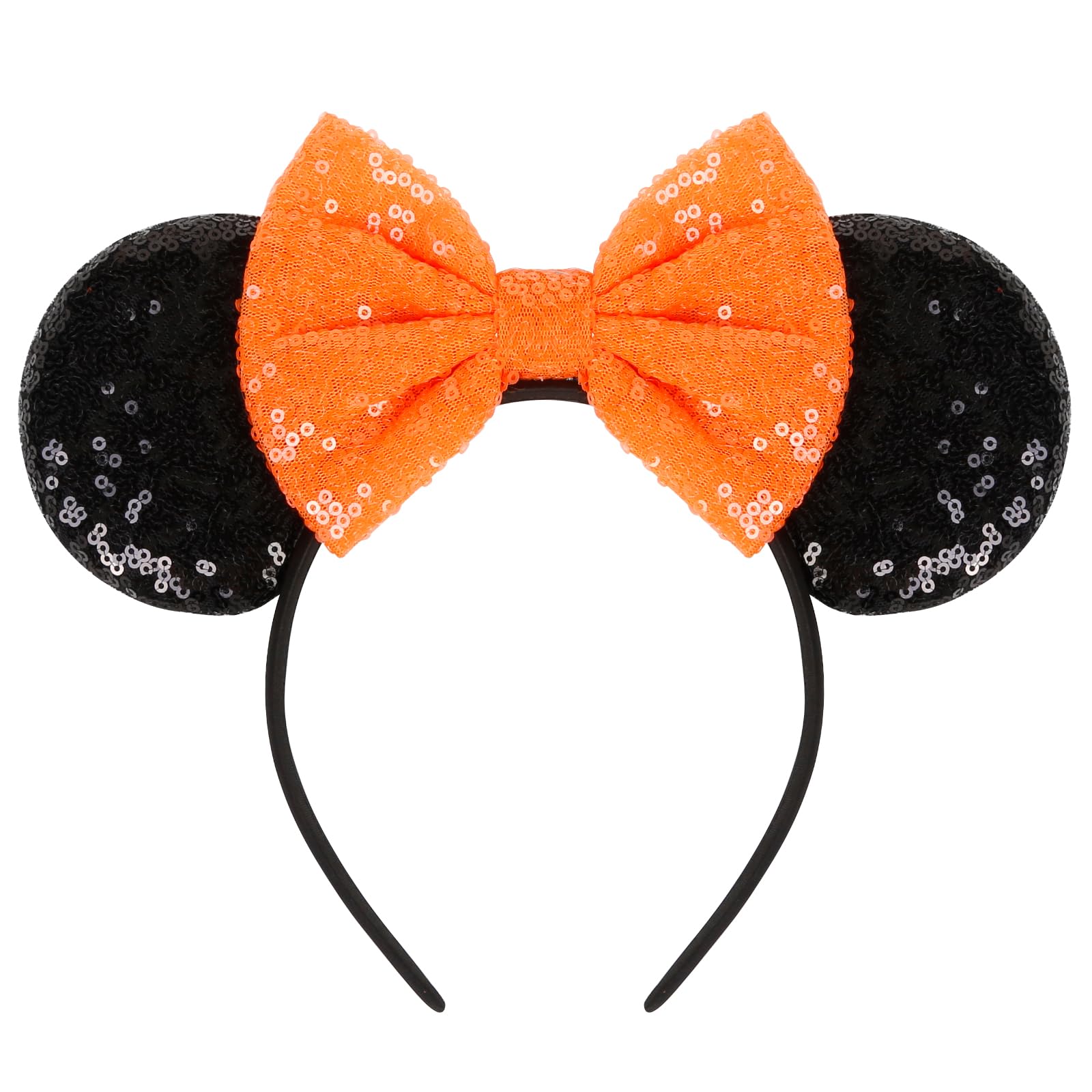 WOVOWOVO Halloween mouse ears headband with orange sequin bow, perfect for cosplay and photos