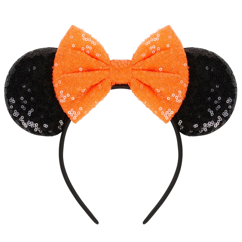 WOVOWOVO Halloween mouse ears headband with orange sequin bow, perfect for cosplay and photos