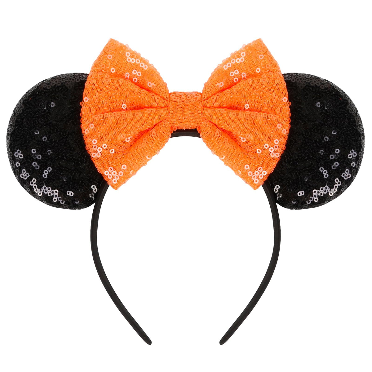 WOVOWOVO Halloween mouse ears headband with orange sequin bow, perfect for cosplay and photos