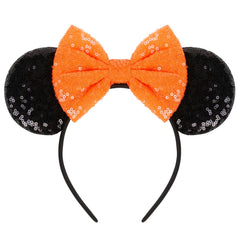 WOVOWOVO Halloween mouse ears headband with orange sequin bow, perfect for cosplay and photos
