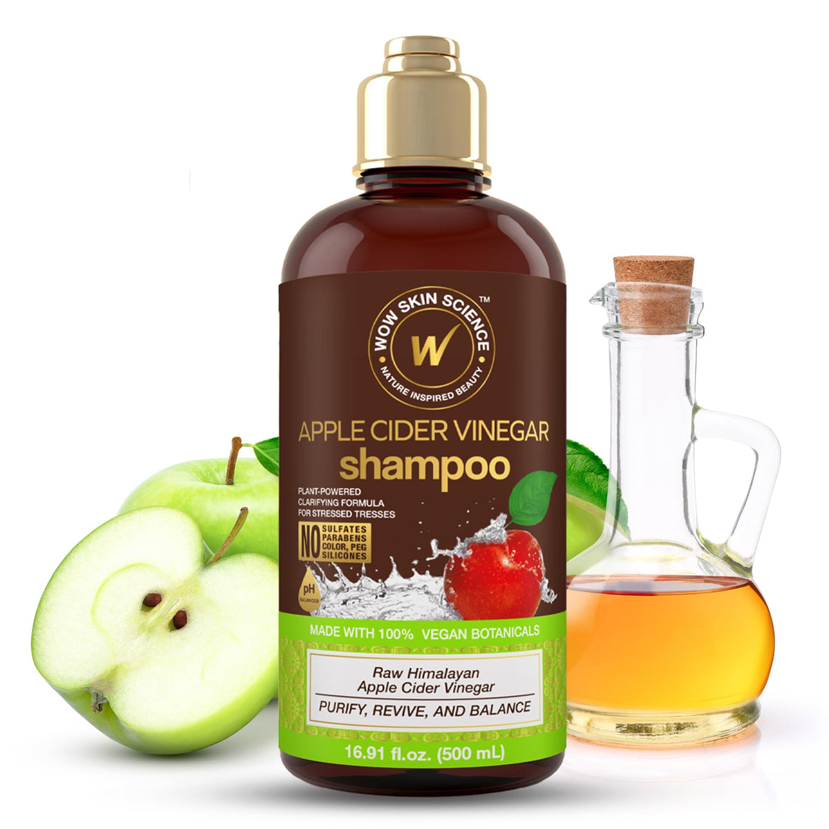 WOW Life Science Apple Cider Vinegar Shampoo bottle demonstrates clarifying scalp cleanse.