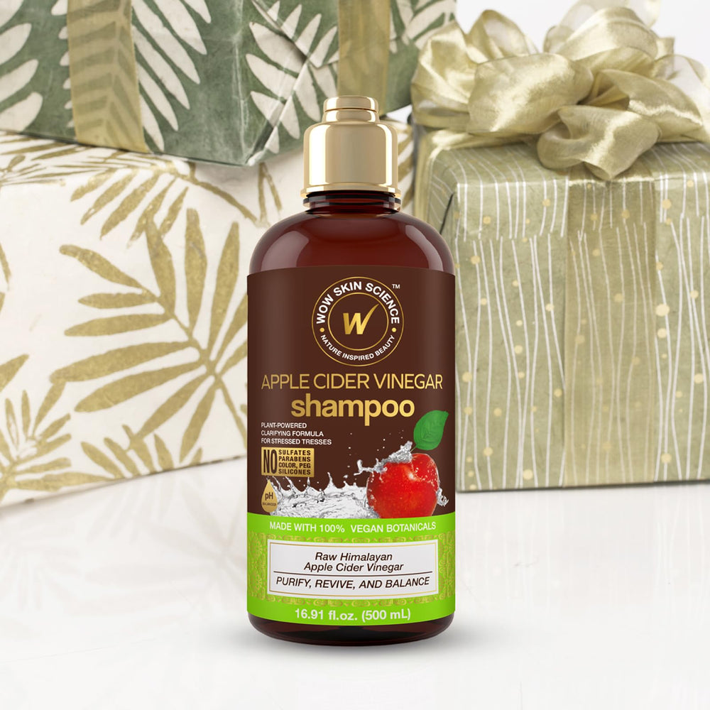 WOW Life Science Apple Cider Vinegar Shampoo product shot emphasizes buildup removal.