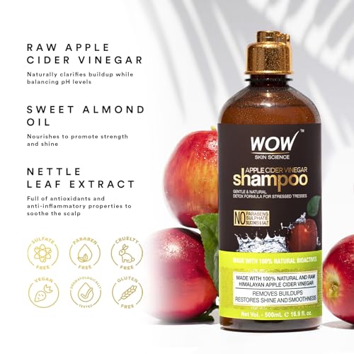 WOW Life Science Apple Cider Vinegar Shampoo closeup reveals natural ingredients and vegan care.