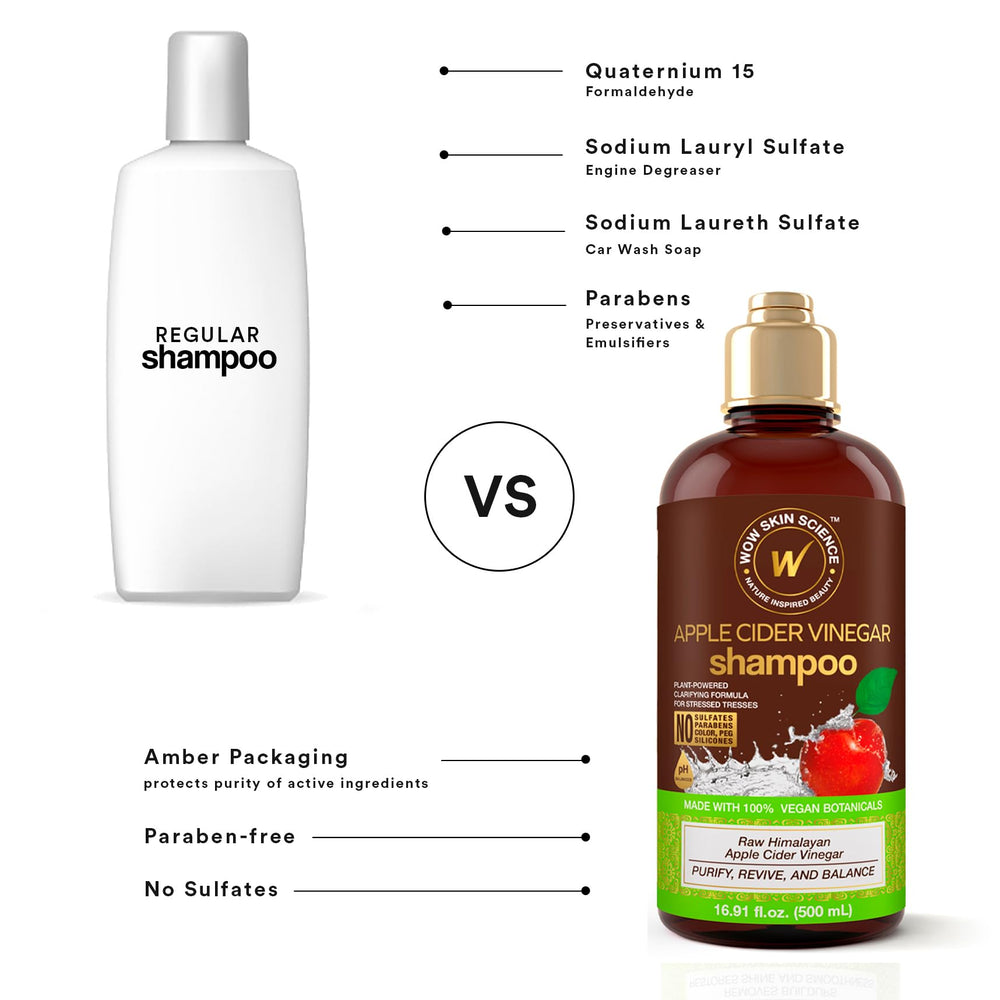 WOW Life Science Apple Cider Vinegar Shampoo ingredient label highlights saw palmetto and vinegar benefits.