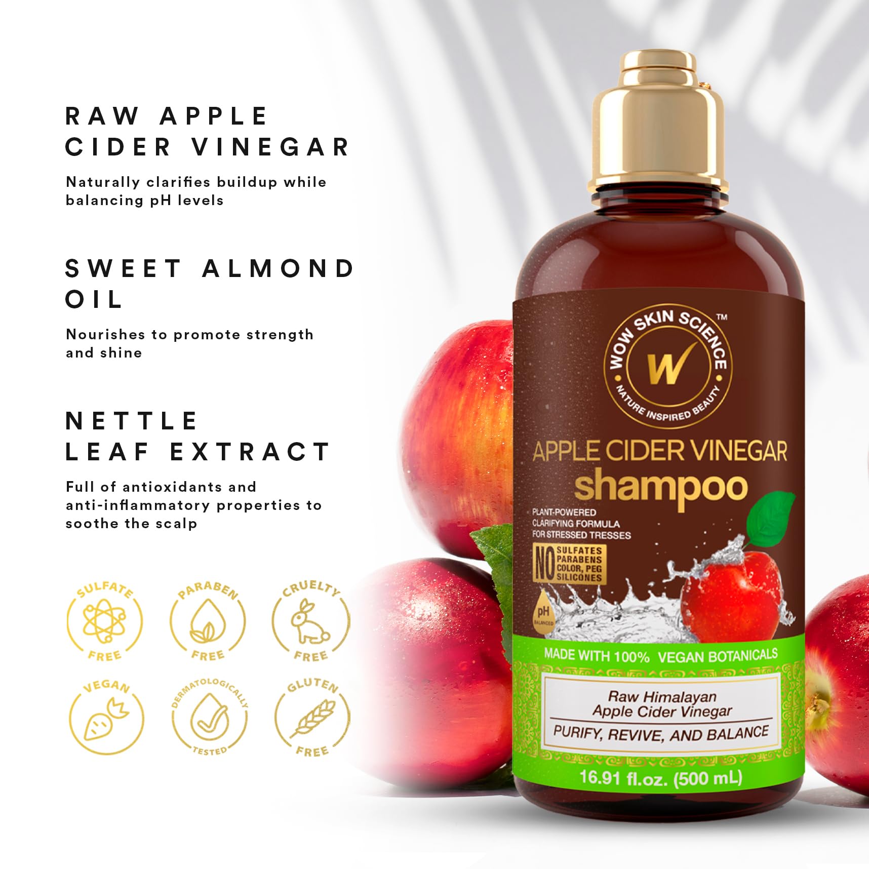 WOW Life Science Apple Cider Vinegar Shampoo pour reveals rich lather for gentle cleansing.