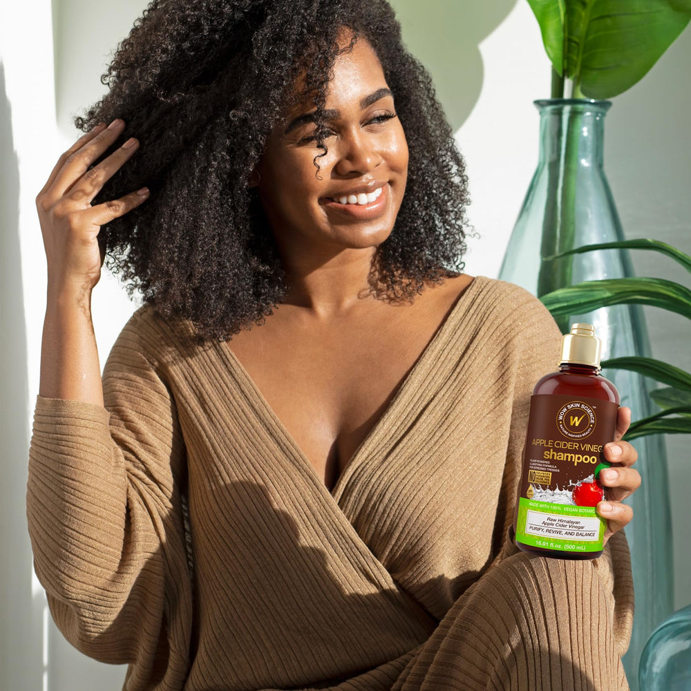 WOW Life Science Apple Cider Vinegar Shampoo scalp closeup shows refreshed, clean feel.