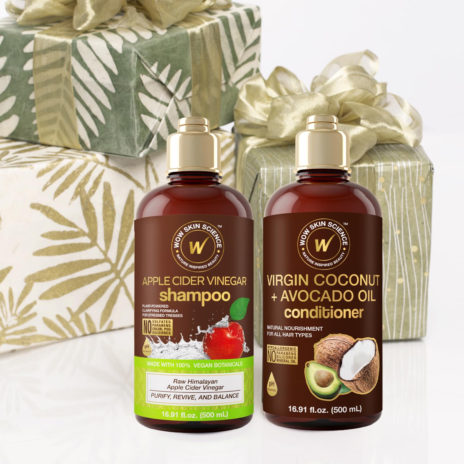 WOW Skin Science ingredient flatlay with ACV coconut avocado highlighting natural actives