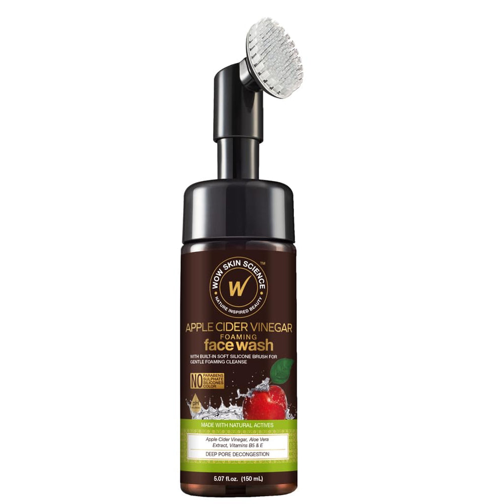 WOW Skin Science Apple Cider Vinegar foam face wash with brush for gentle exfoliation and pore refinement.
