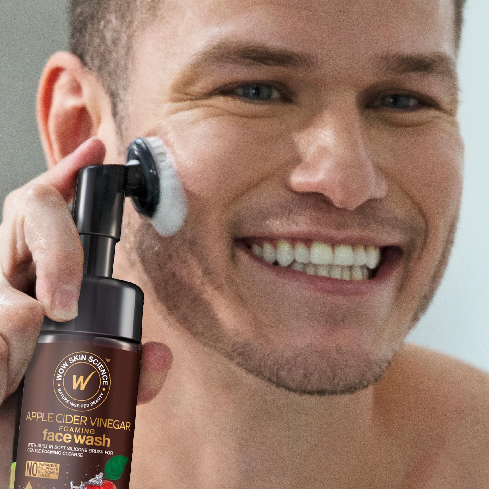 WOW Skin Science Apple Cider Vinegar foam face wash promoting clearer-looking pores in daily routines.