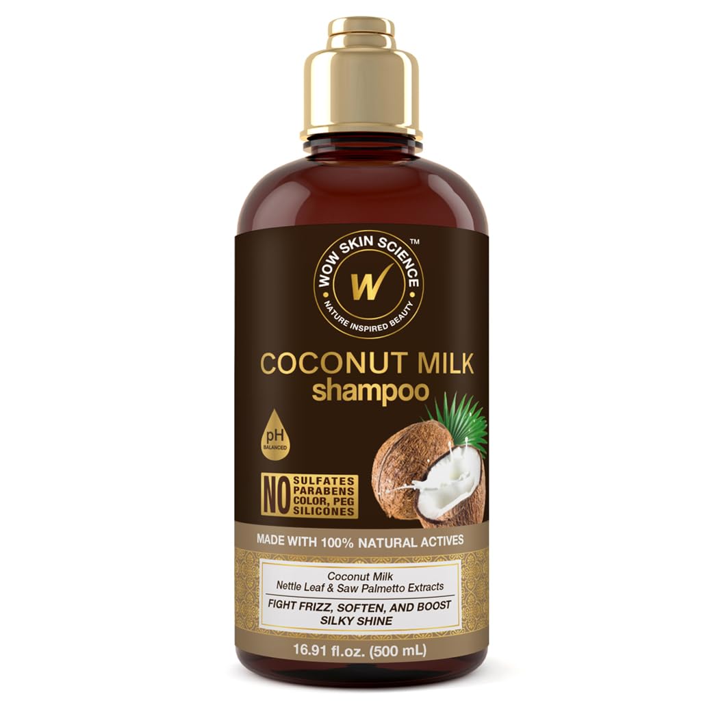 WOW Skin Science Coconut Oil Milk Shampoo bottle pour highlights hydrating cleanse for dry & frizzy hair