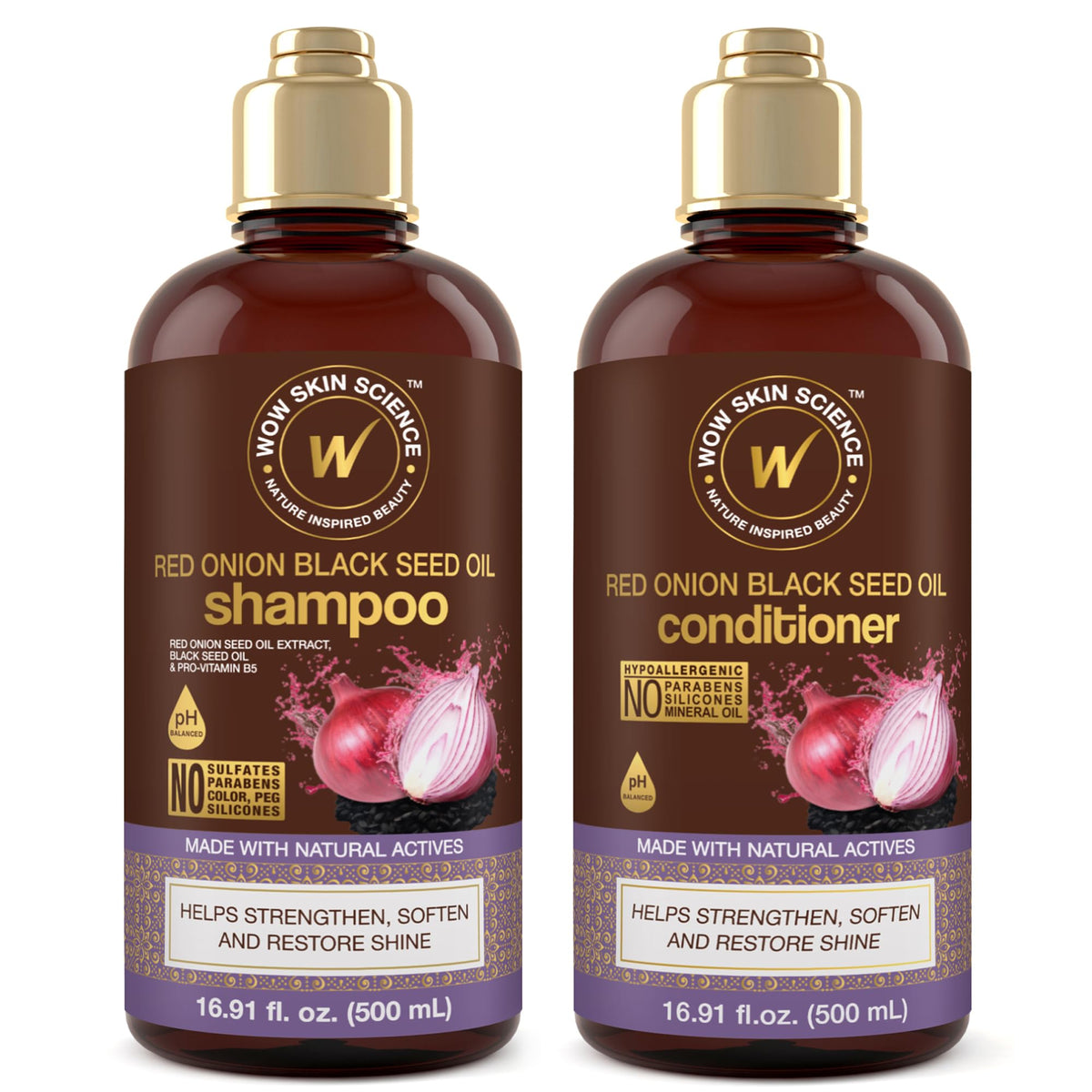 WOW Skin Science red onion black seed shampoo bottle front ideal for color-treated hair.