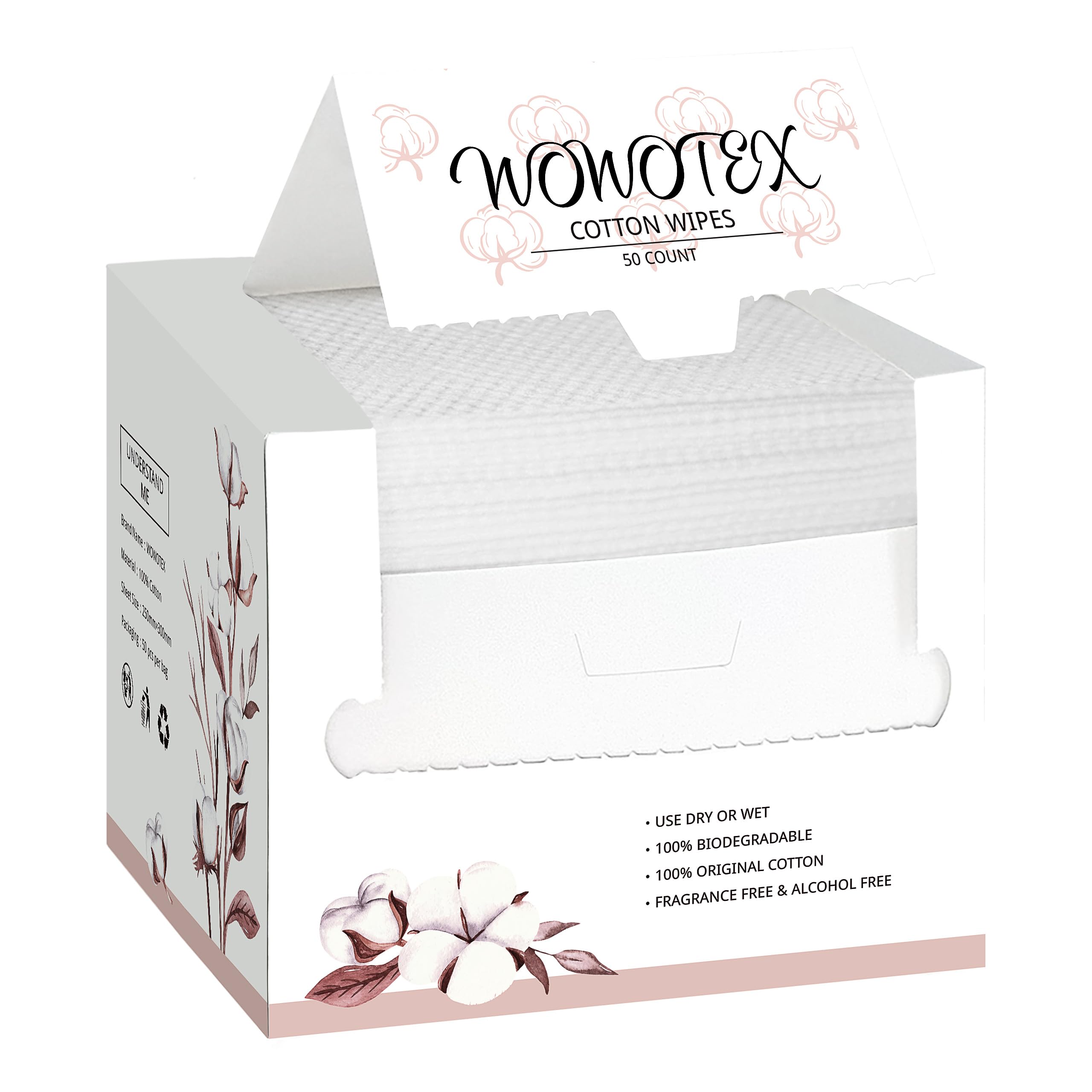 WOWOTEX disposable face towel box 50-count packaging for easy home and travel use.