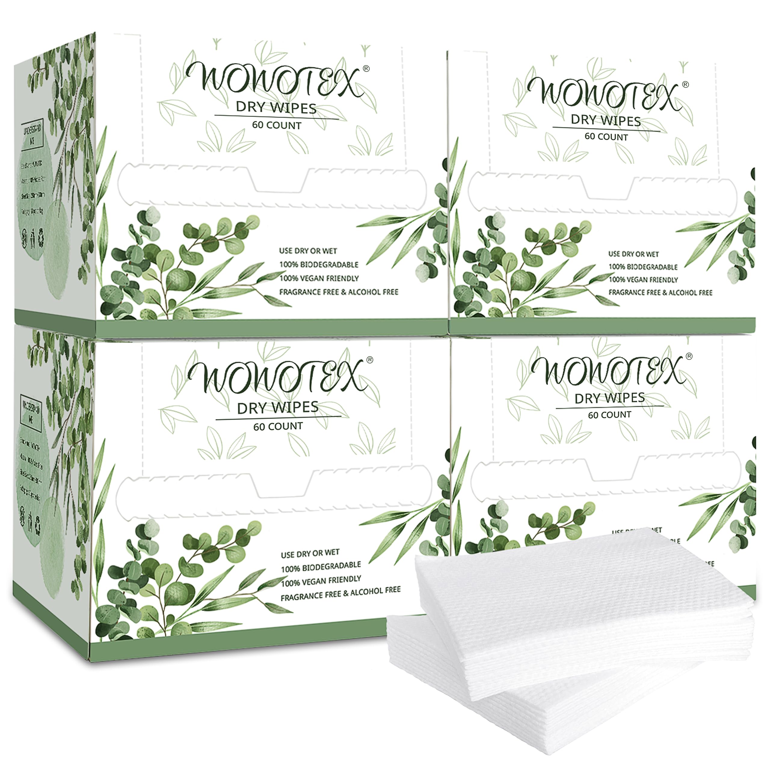 WOWOTEX disposable face towel packaging showing four boxes for easy storage and travel prep.