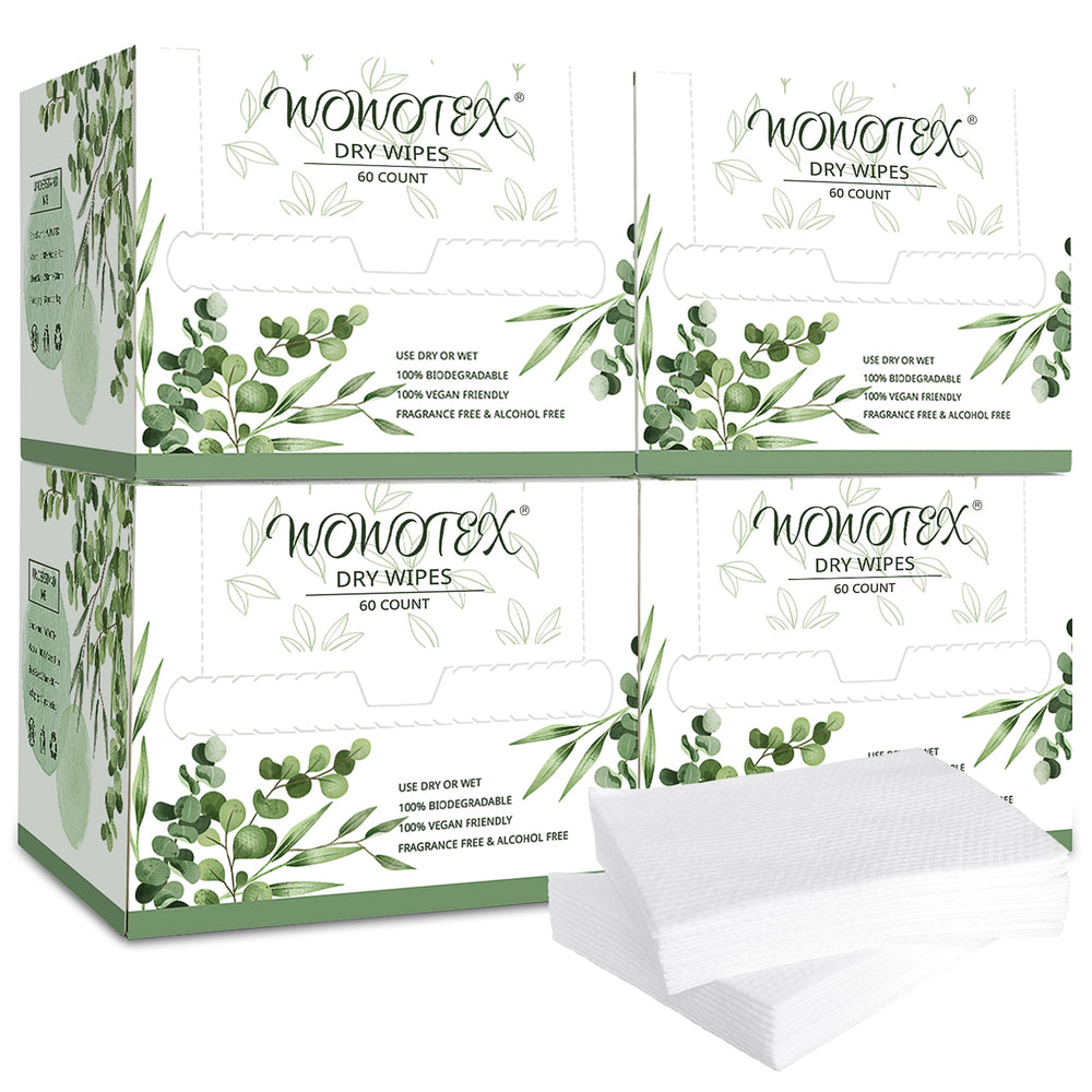 WOWOTEX disposable face towel packaging showing four boxes for easy storage and travel prep.