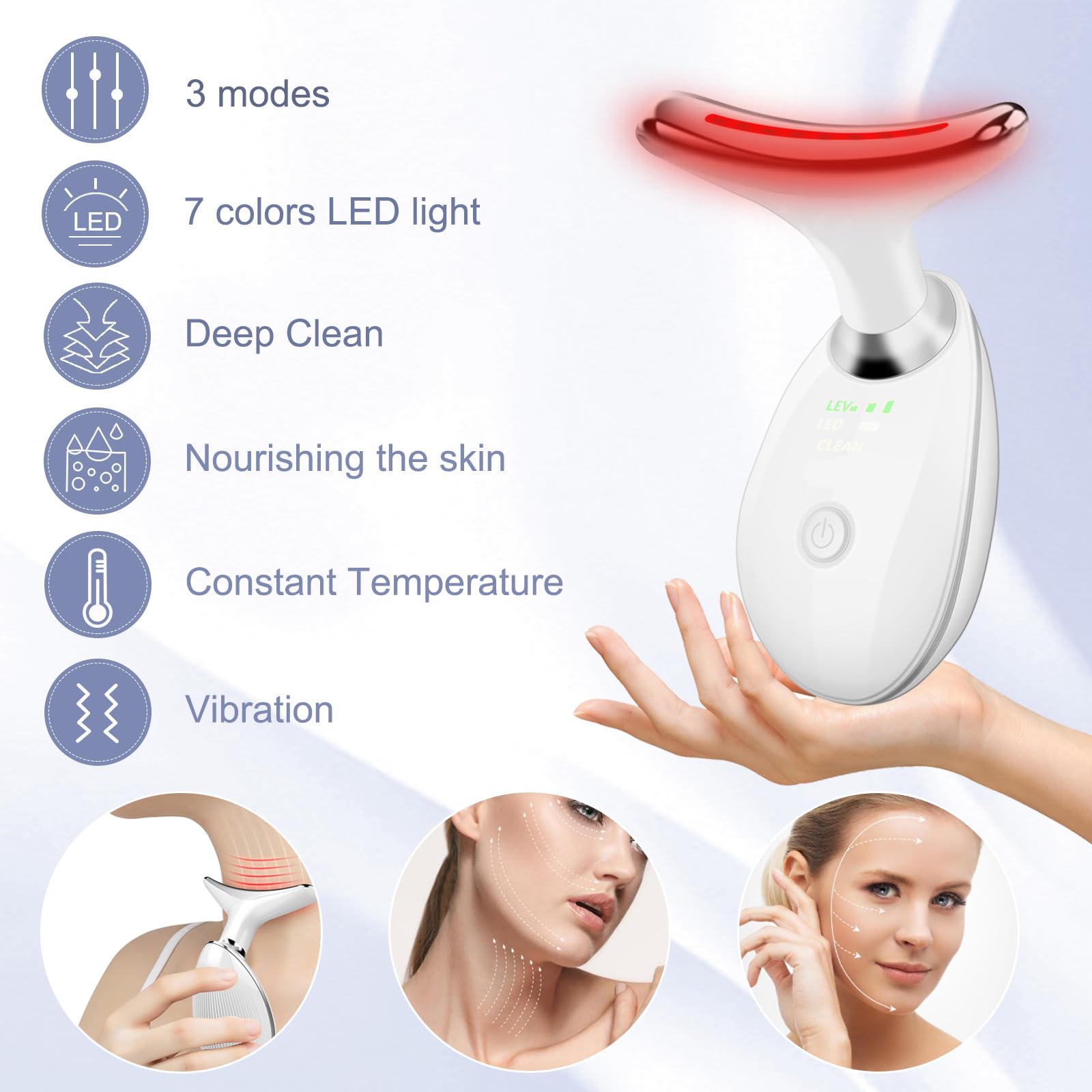 WOWPASS facial massager curved heads with 160-degree design glides along neck and jawline