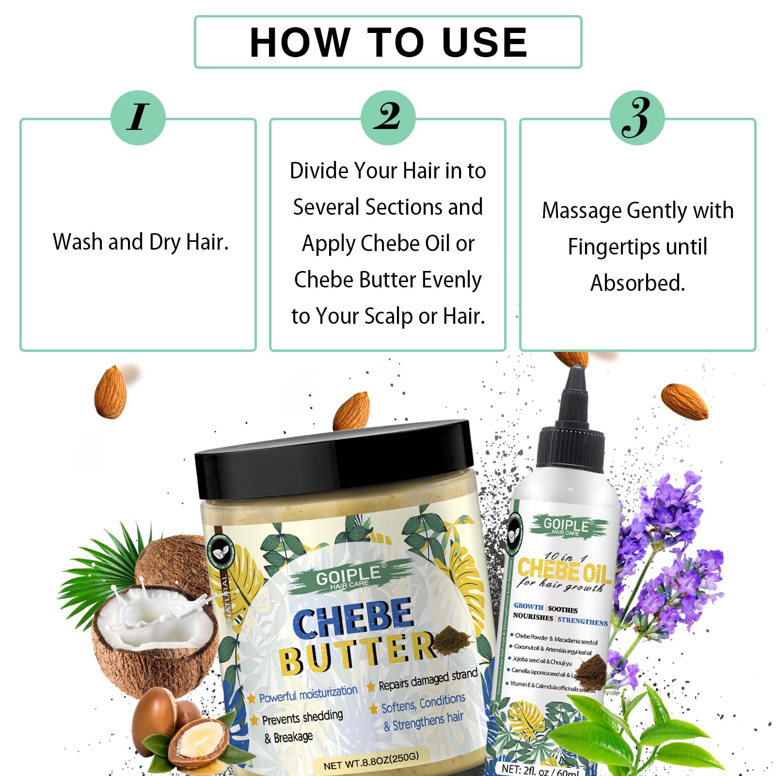 WOZUTUNT Chebe butter and oil duo on shelf for versatile hair care.