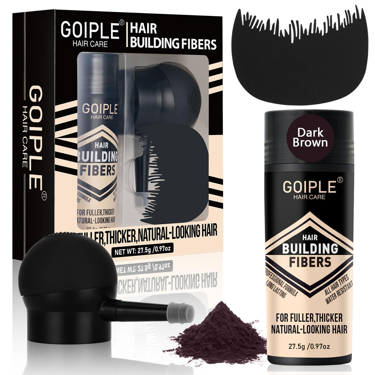 WOZUTUNT hair fibers application set shows instant fullness for thinning areas.
