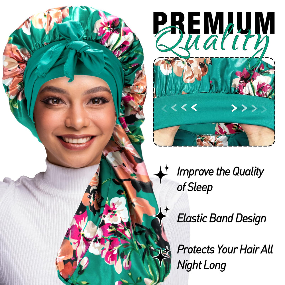 WOZUTUNT silk bonnet with stretchy tie band demonstrates secure fit for all night wear