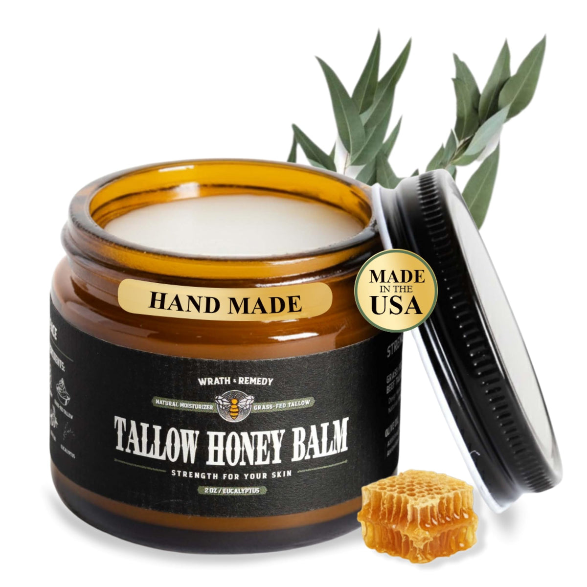 Wrath & Remedy beef tallow 2oz eucalyptus jar close-up for deep hydration