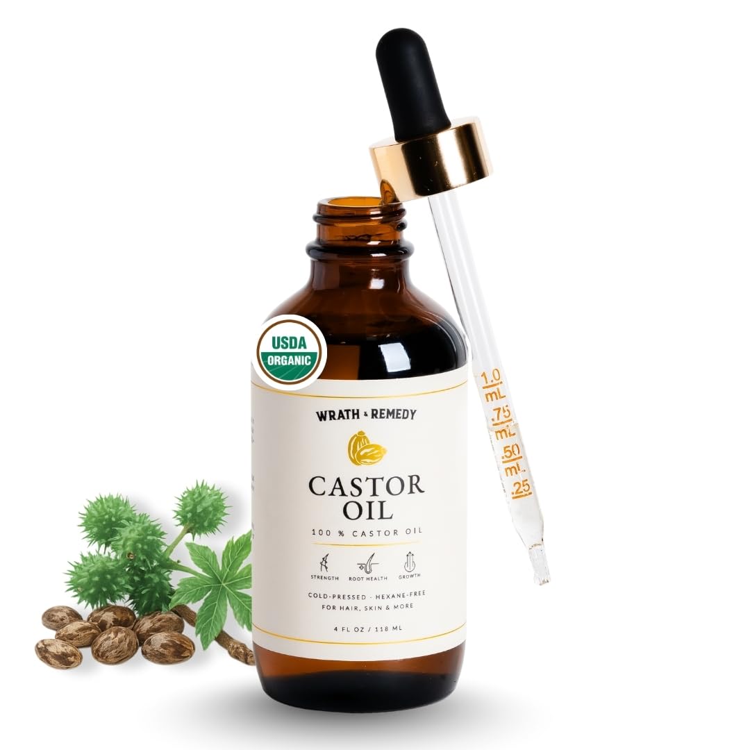 Wrath & Remedy castor oil bottle close-up for healthier-looking hair shine