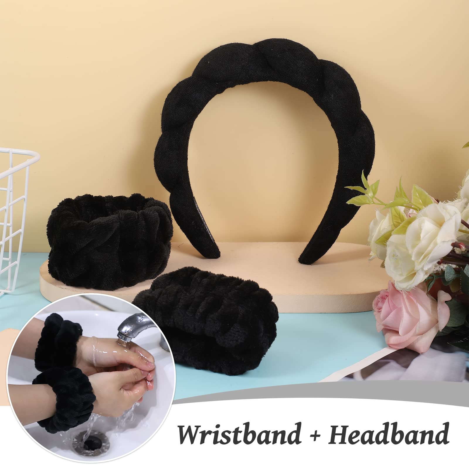 WSICSE spa headband with wristbands helps prevent spills during washing.