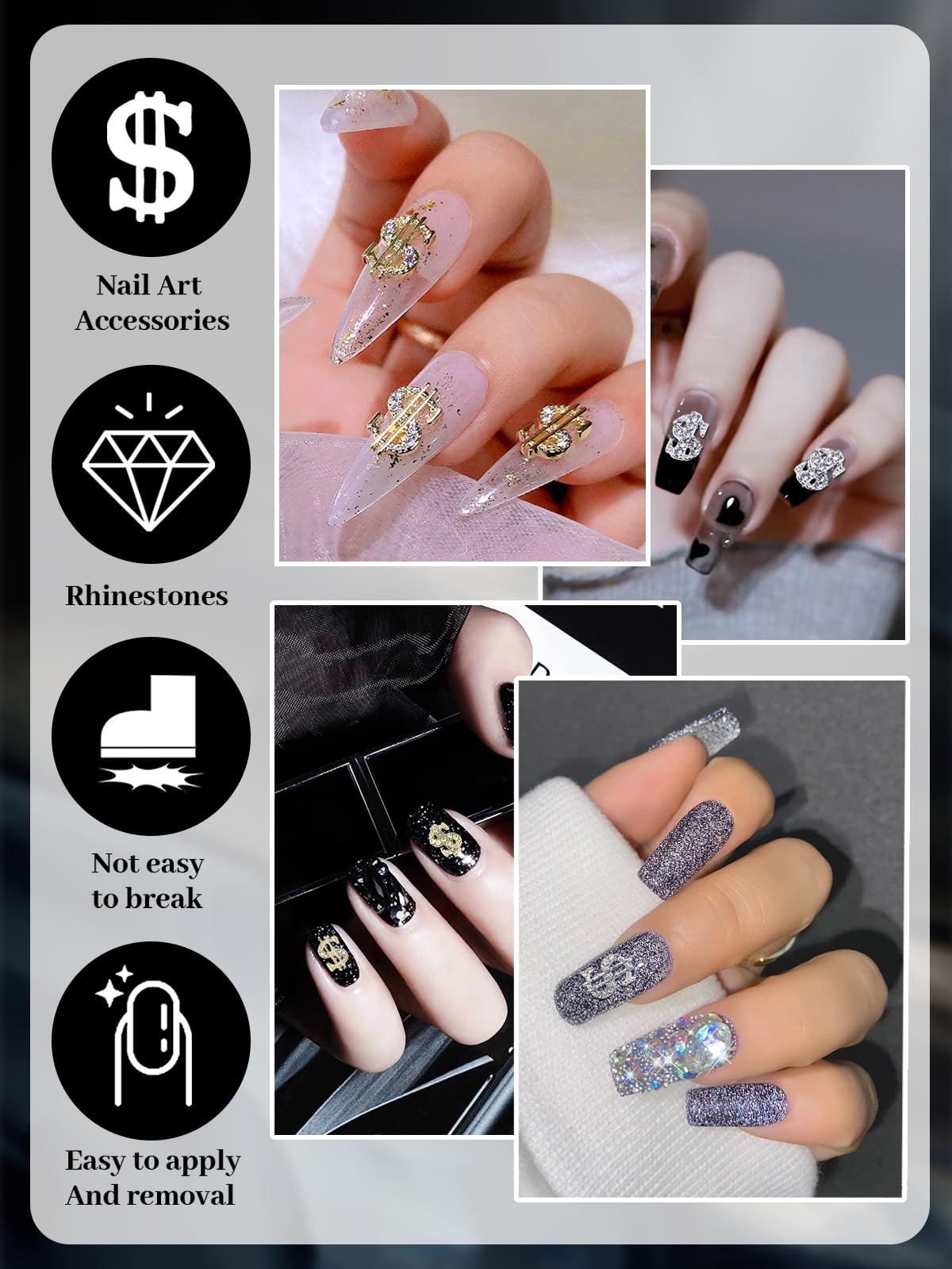WSimily 3D dollar sign nail art charms on nail for trend