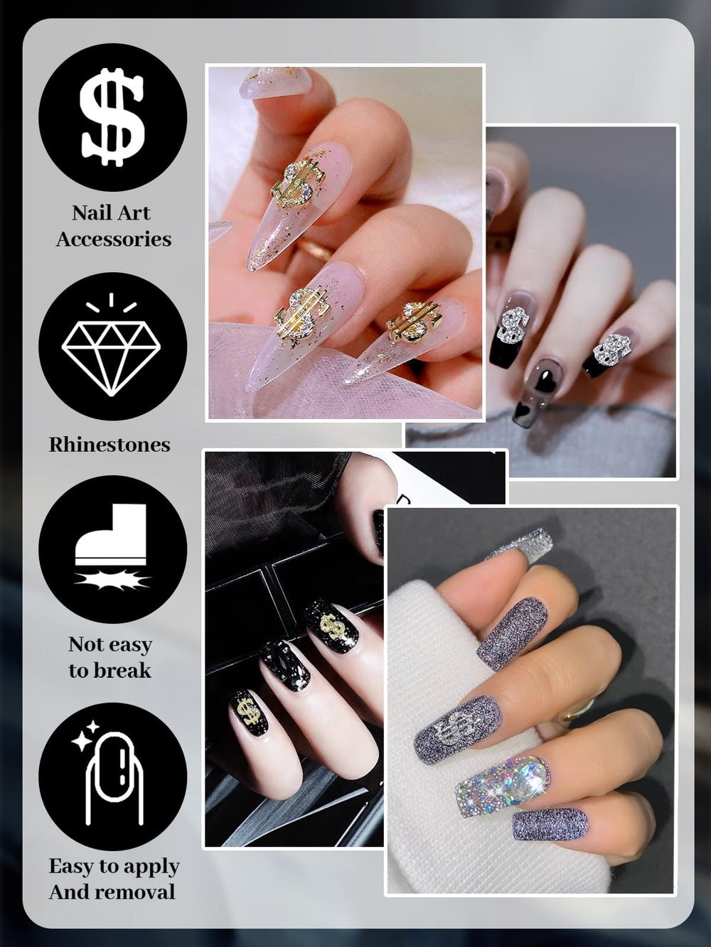 WSimily 3D dollar sign nail art charms on nail for trend