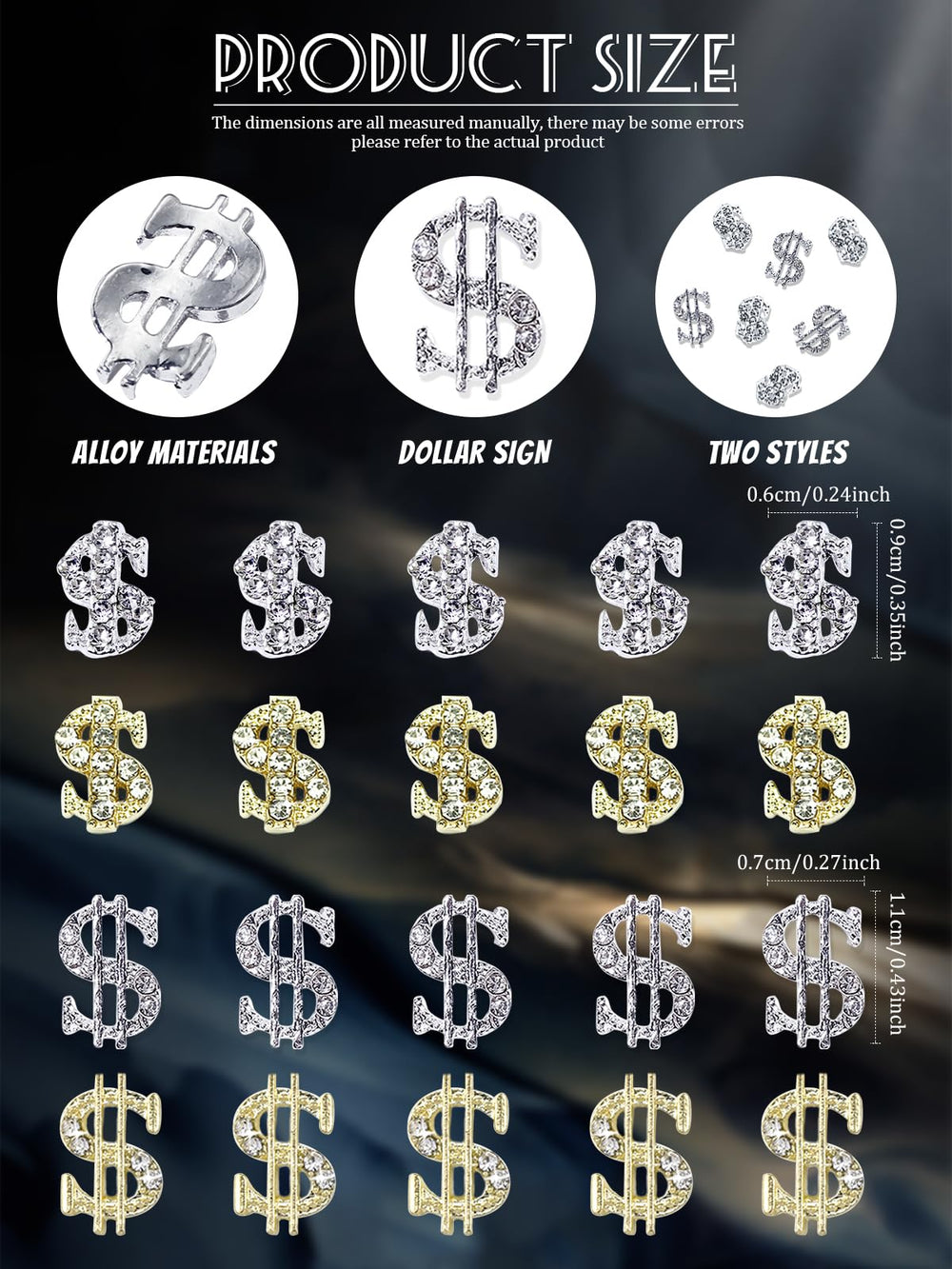 WSimily gold dollar sign nail charms closeup shows rhinestones sparkle