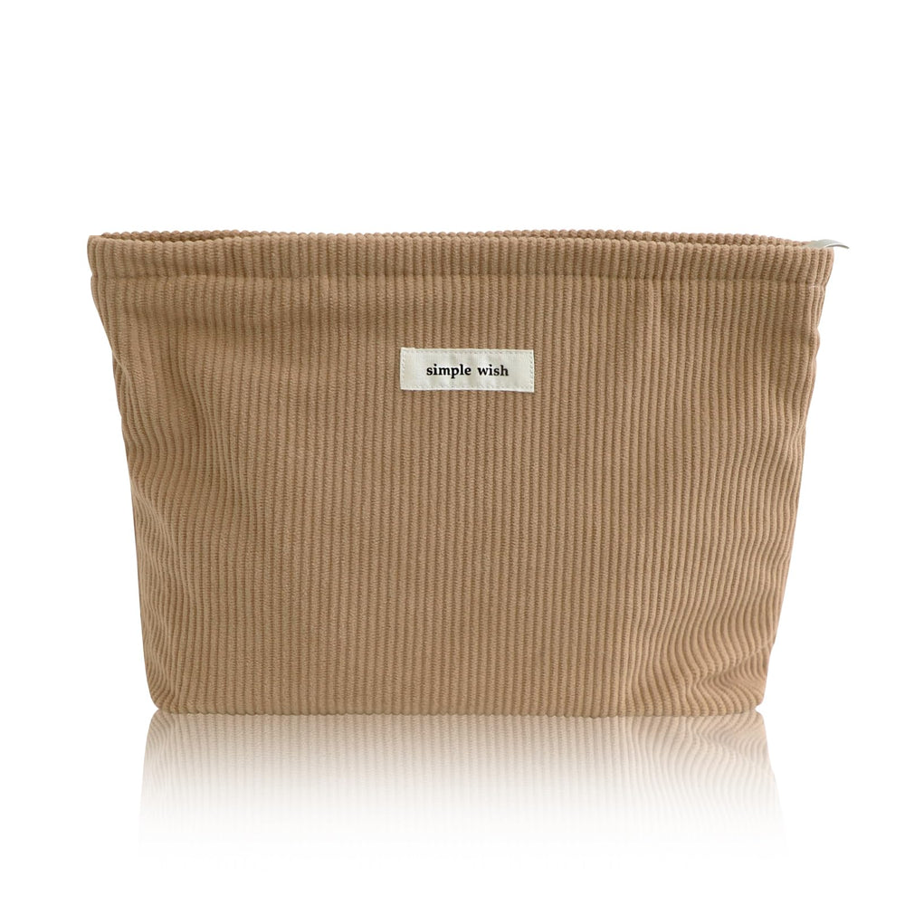 Wudygirl corduroy makeup bag camel front view shows chic storage