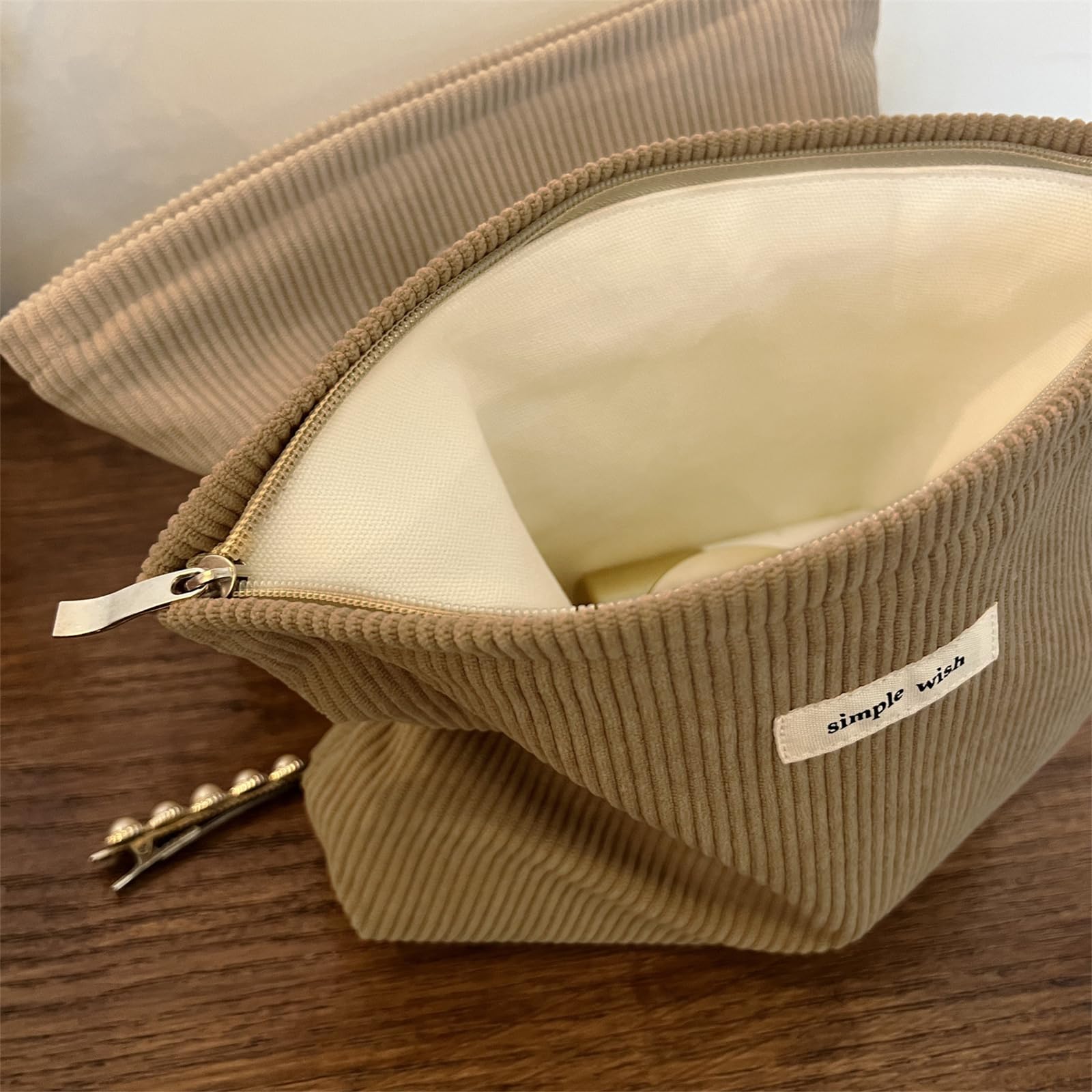 Wudygirl corduroy makeup bag camel open top reveals organization