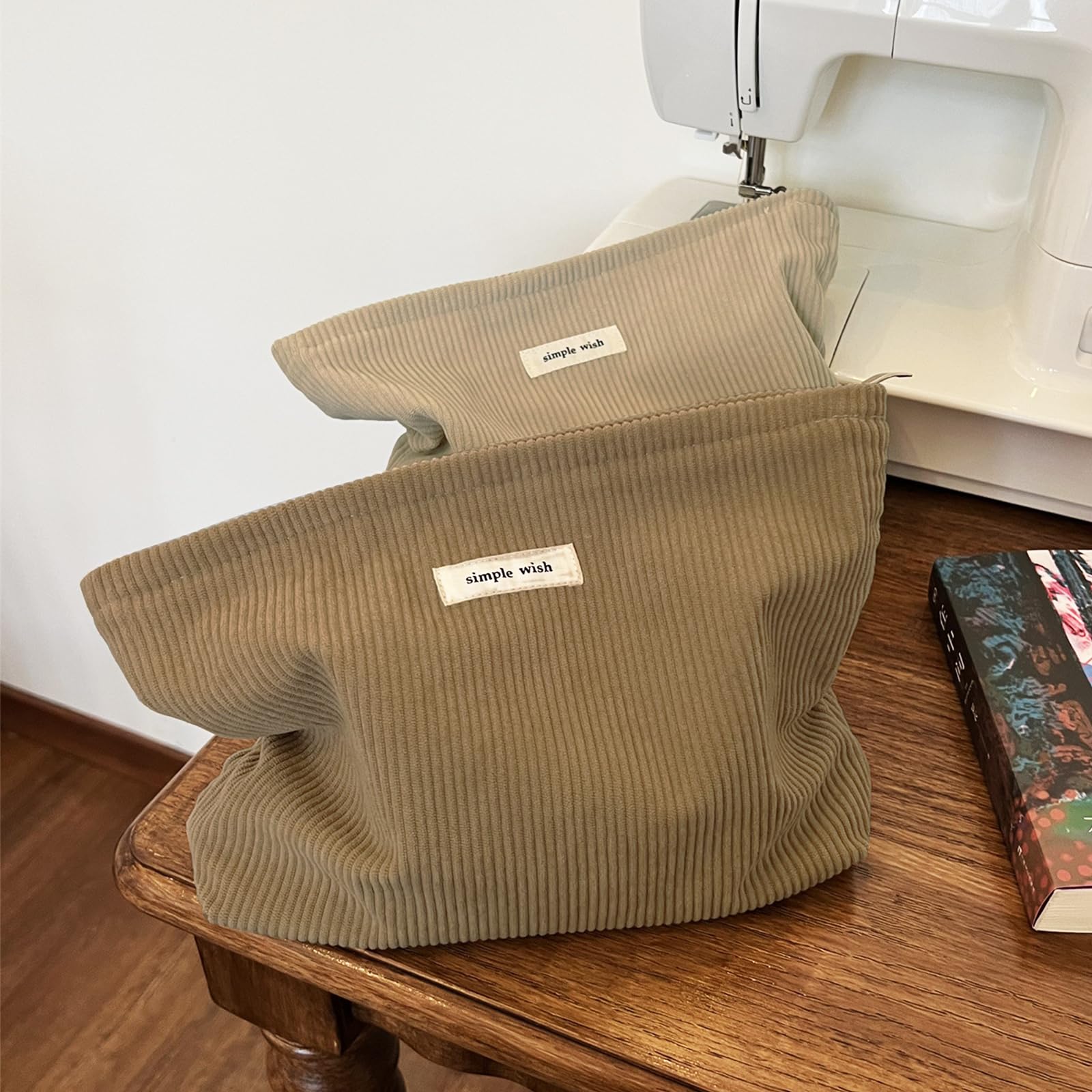 Wudygirl corduroy makeup bag camel fits in backpack for daily use