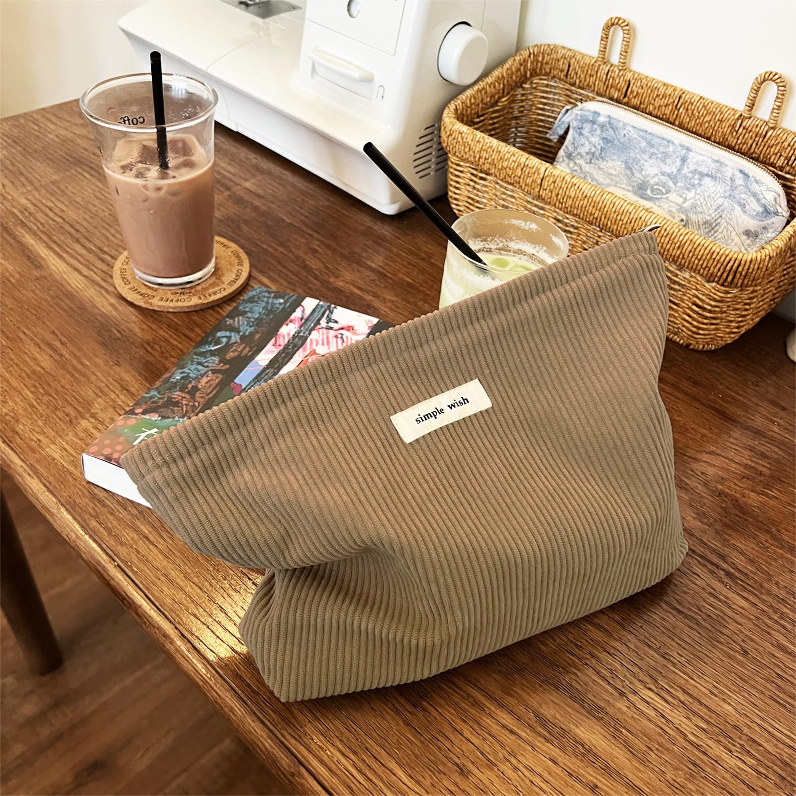 Wudygirl corduroy makeup bag camel zipper closure during travel