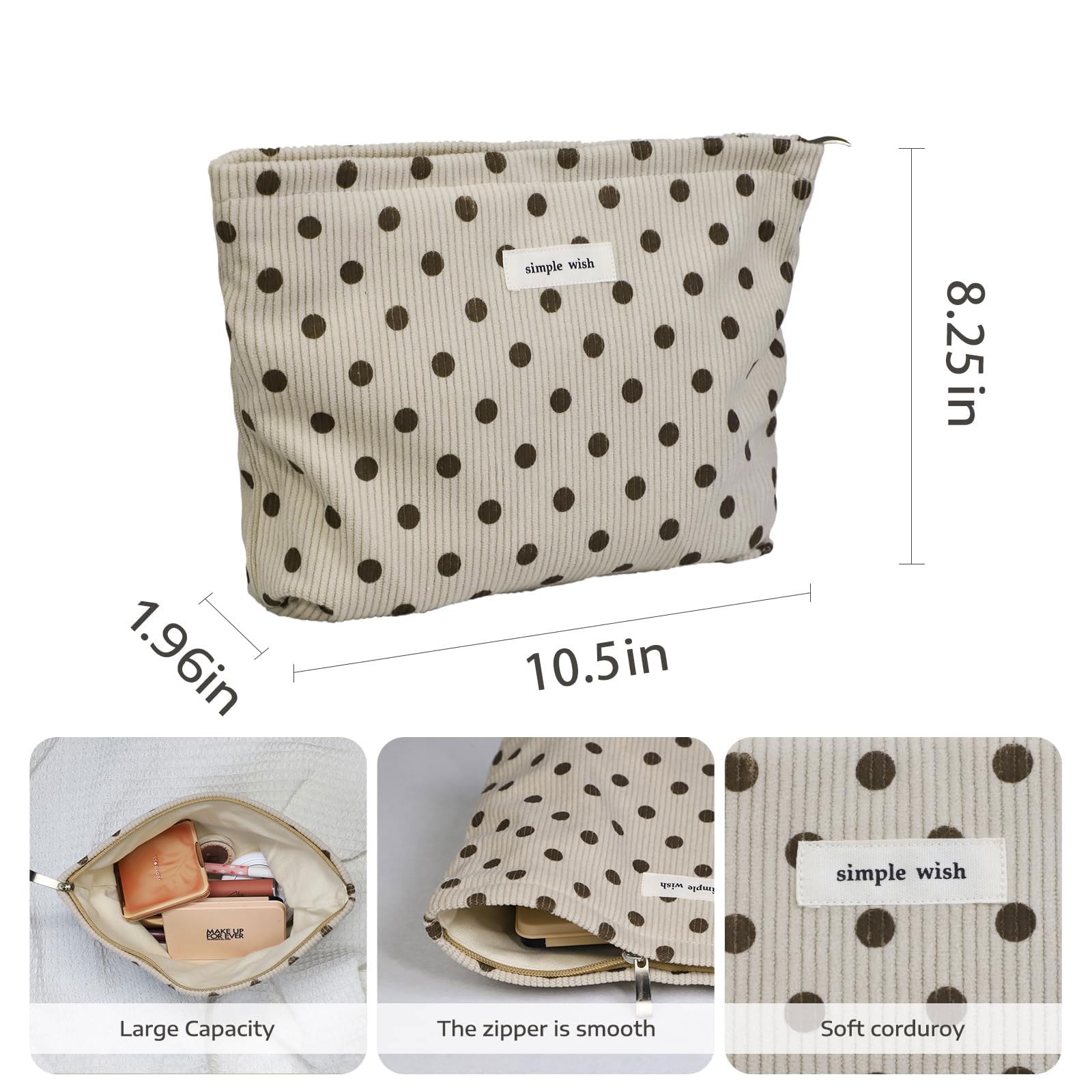 Wudygirl corduroy makeup bag zipper closure for secure travel storage.